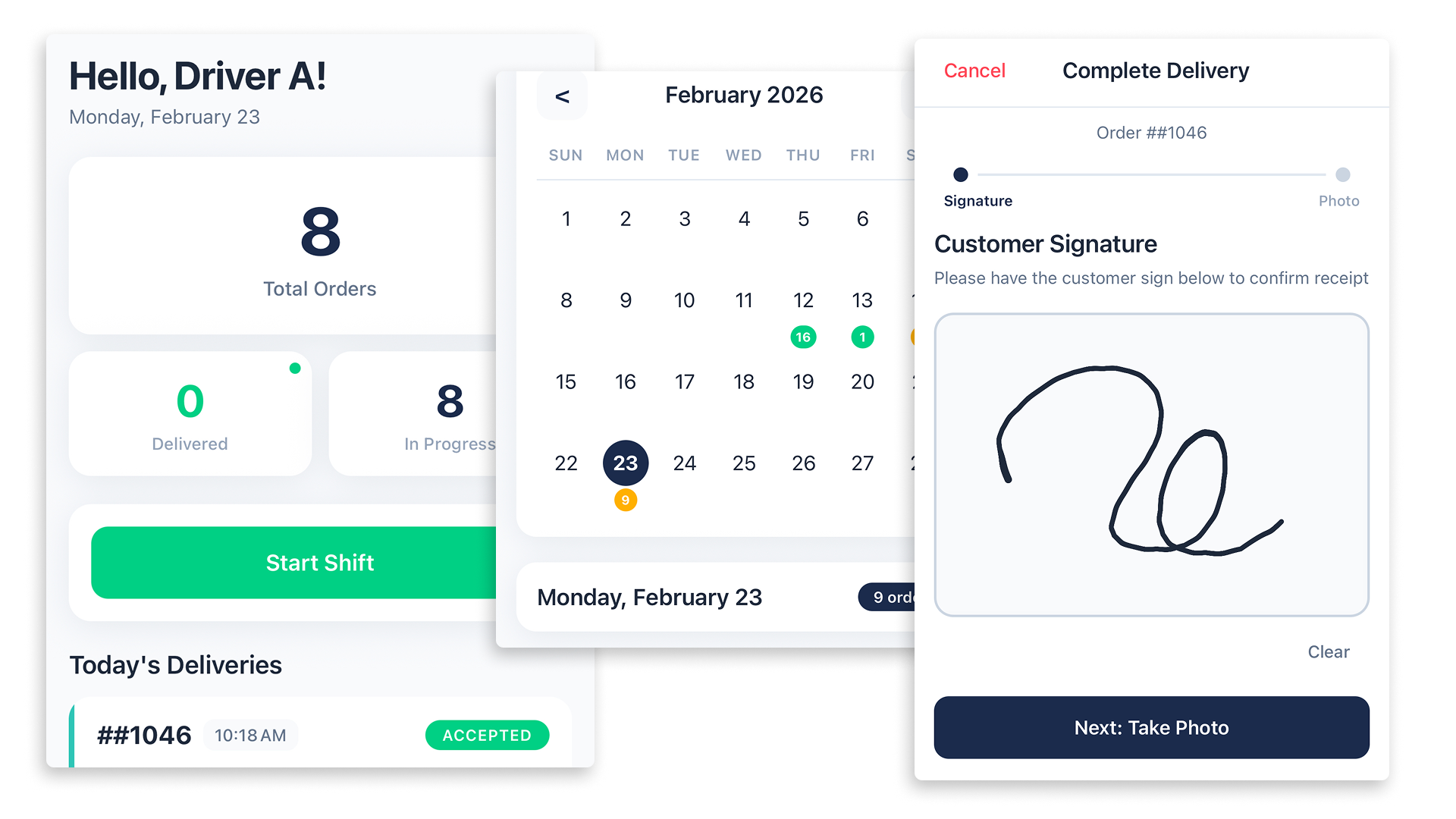 Talaria Driver — dashboard, calendar, and complete delivery
